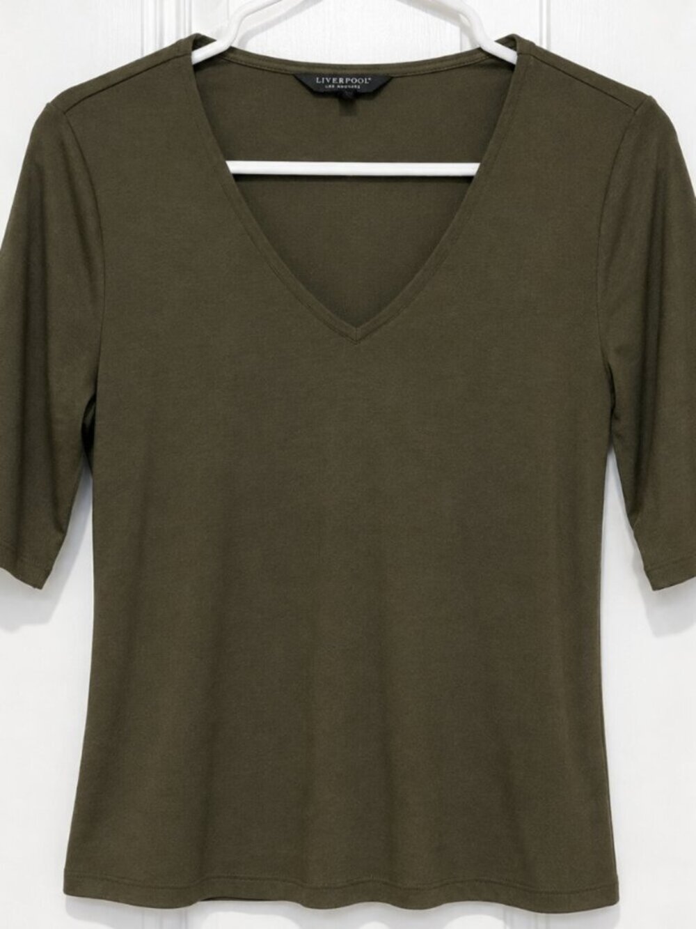 Liverpool LA Women's S Olive Green Ribbed Knit V Neck 3/4 Sleeve Top